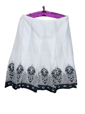 Women's White A-Line Skirt with Black Embroidered Hem